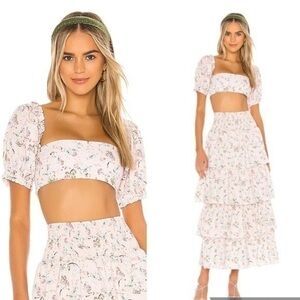 WeWoreWhat Pink Coco Dry Flowers Crop Top Puff Sleeve in Evening Sand